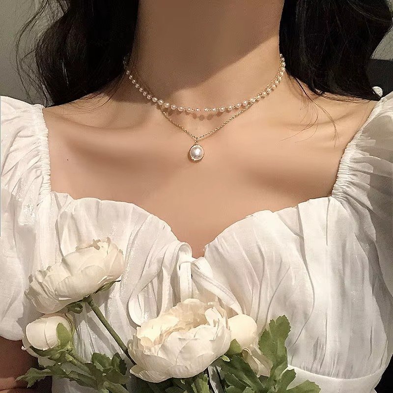 Pearl Choker Necklace Women Cute Girl Gold Color Double Layer Chain Pearl Pendant Fashion Jewellery - Image 2